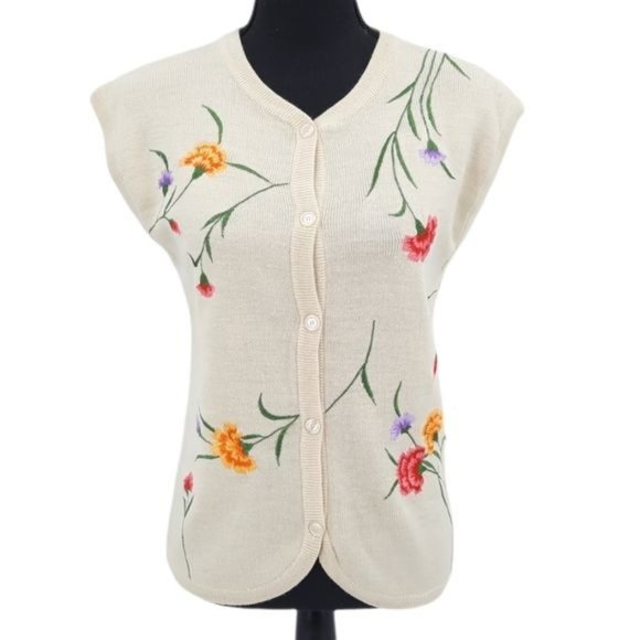 VTG 70s Leroy Ivory Floral Embroidered Sleeveless Button Front Sweater Vest M - Picture 11 of 11
